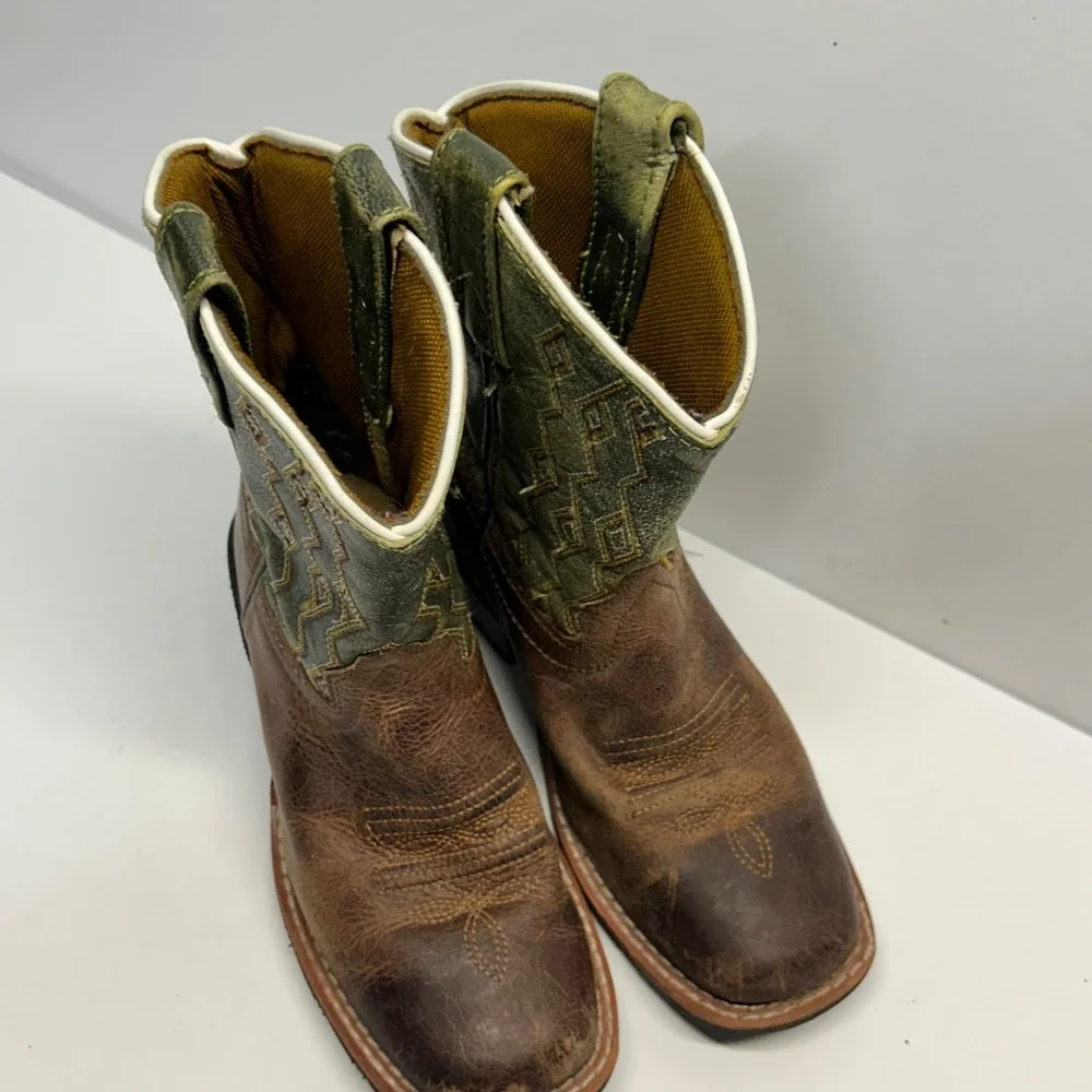 Dan Post Cowboy Boots Brown Green Kids 12 D DPC2946 Western Leather Square Toe